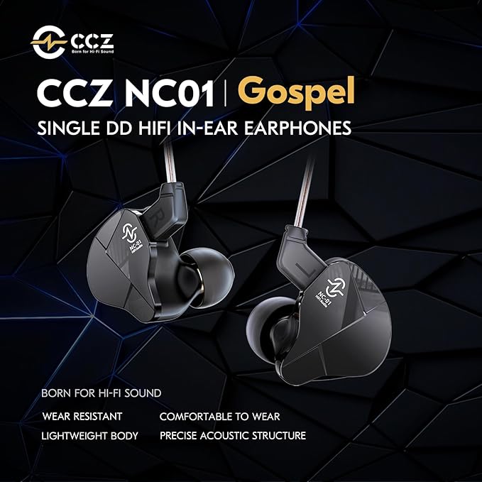 CCZ NC01 Gospel Gaming Earbuds, Stereo Sound in Ear Monitor Headphones Wired, Customized Dual Magnetic DD IEMS Earphone with Detachable Tangle-Free Cable PC Cavity for Computer (with mic, Dark Black)