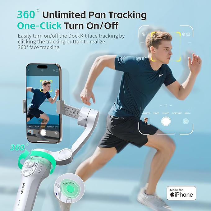 Only for iPhone, MOGO [Apple MFi Certified] Gimbal Stabilizer with Phone Clamp & RGB Light, Video Gimbal Stabilizer Allows Select Tracking Subject, Gaze-Tracking for iPhone 16 15 Pro Max
