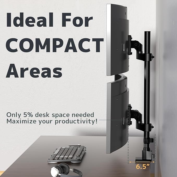 Dual Monitor-Arm Ultrawide Heavy Duty - 24-57 inch Vertical Dual Monitor Mount, Adjustable Stacked Double Monitor Desk Mount Stand, Max Load 59.4 lbs (per Screen), VESA 75 100 mm, Black