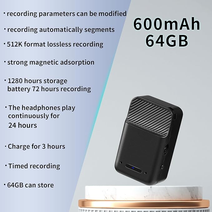 Mini Voice Recorder,64GB Magnetic Voice Activated Recorder with AI Noise Cancellation,72H Battery Life, USB-C Portable Recording Device for Car,Lectures,Meetings,Interviews (2025 Upgrade)