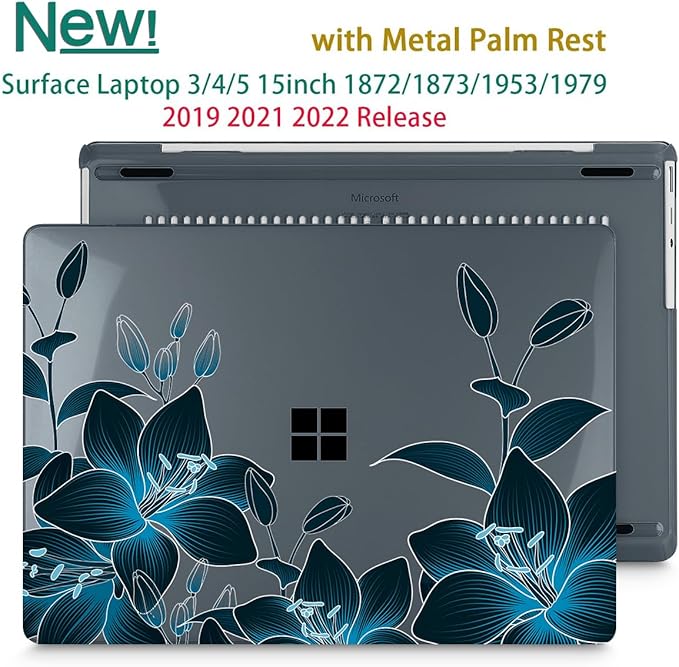 Tuiklol Case for 15 Inch Microsoft Surface Laptop 5/4/3 2022-2020, Model 1979/1953/1872/1873 Hard Shell Cover, Keyboard Cover+Screen Protector+Dust Plugs,Black Lilies Flowers