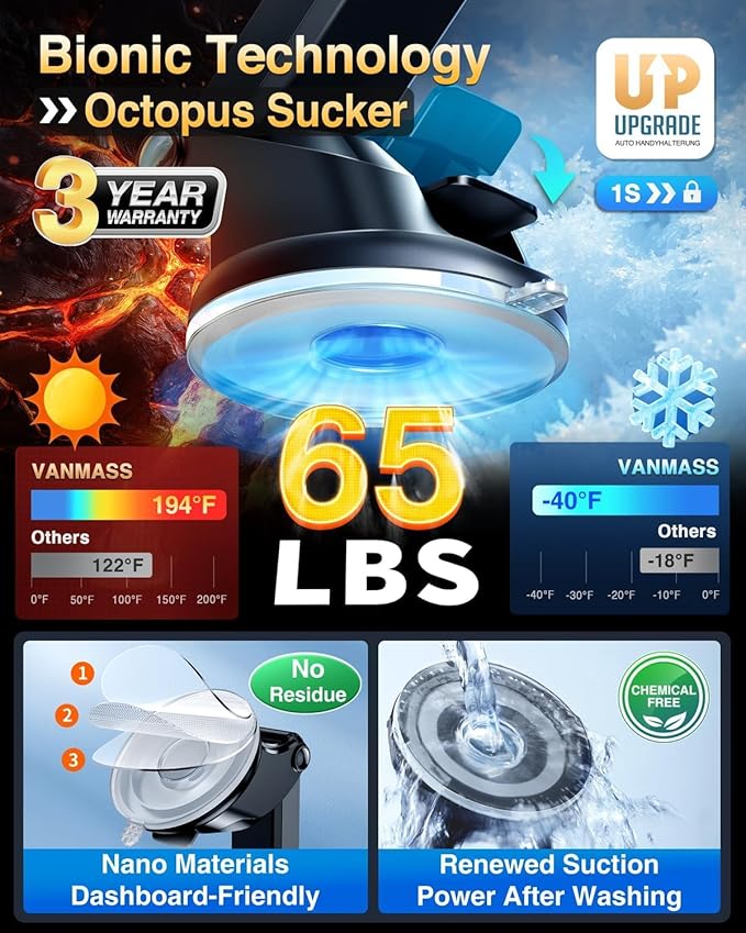 [True Anti-Vibration] Car Phone Holder VANMASS【2025 Ultimate Military-Grade Upgraded】Suction Cell Mount Truck Stand Cradle for Dashboard Windshield Vent for iPhone 16 Pro Max 15 14 13 Samsung Android