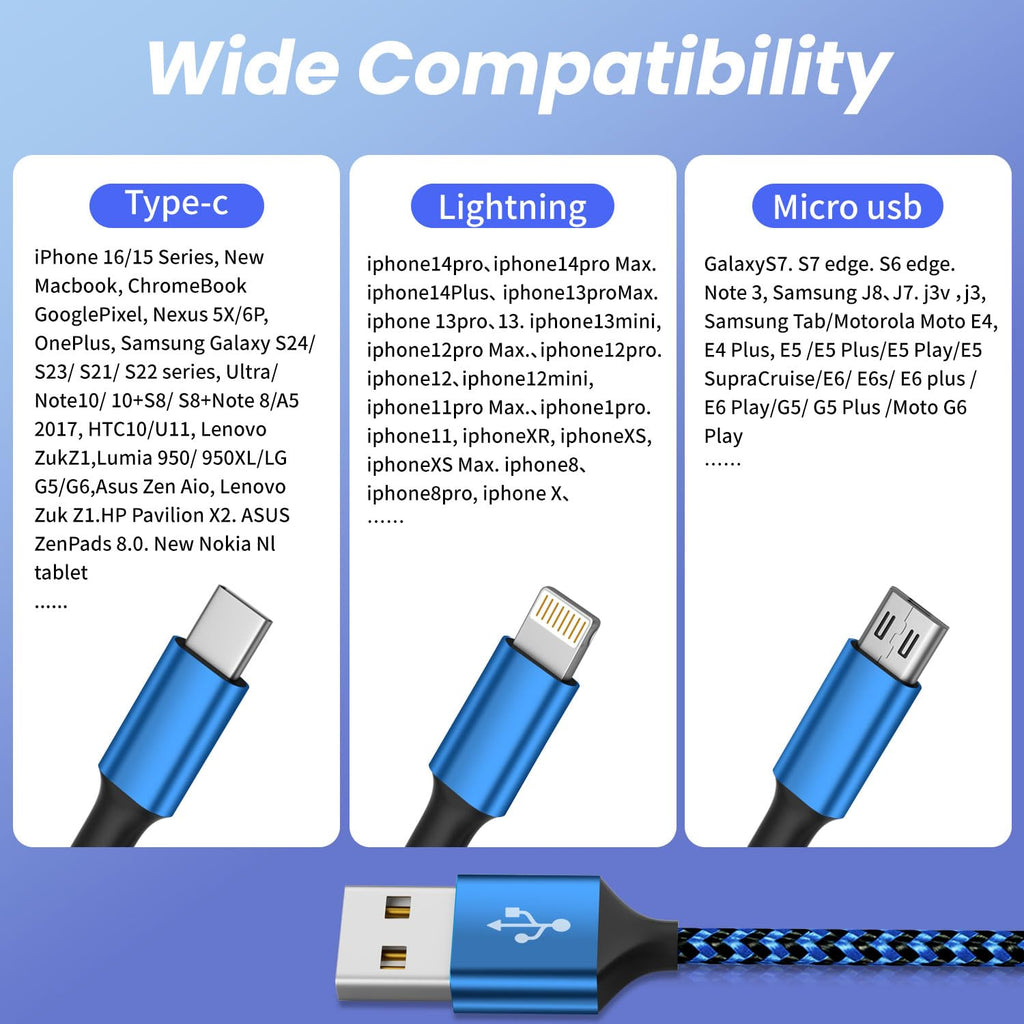 MPATIBY Multi Charging Cable(3Pack 4FT), 3 in 1 Charging Cable for Multiple Devices, USB-A Multi Charger Cord with Type-C, Micro USB and IP Port for iPhone 16/15/14/13/iPad/Android/Tablets and More