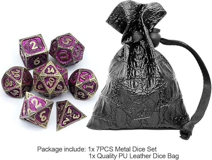 Haxtec Metal Dice Set Purple Black Dragon Pattern Metal DND Dice with Leather Dice Bag Polyhedral D&D Dice Compatible with Dungeons and Dragons TTRPG Gifts