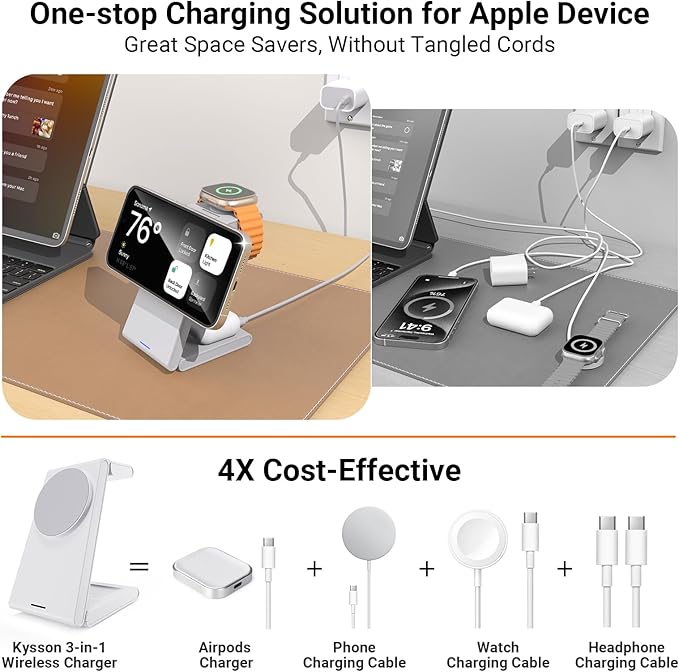 Foldable 3 in 1 Charging Station for Multiple Devices, Travel Wireless Charger for MagSafe Charger Stand, Magnetic Charging Stand for iPhone 16/15/14/13/12 for iWatch AirPods Pure White