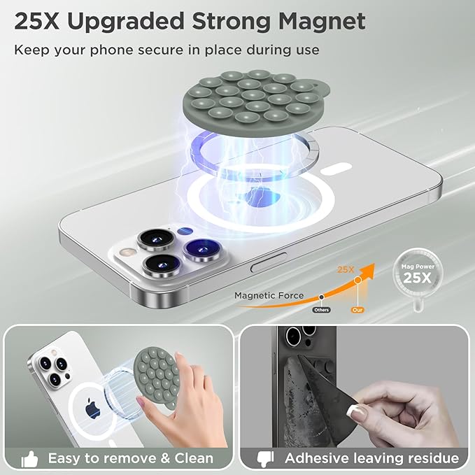 Magnetic Suction Cup Phone Mount for MagSafe Case, Silicone Hands-Free Phone Grip Holder for iPhone and Android, Mirror Shower Phone Stand for Makeup FaceTime Gym Kitchen Bathroom, Calke Green