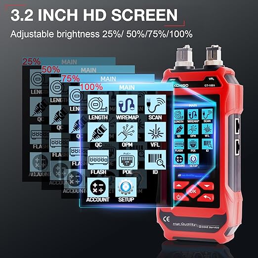 10 in 1 Network Cable Tester with 7 Wavelengths OPM 10Km/10mW VFL 600M Measurable Length 100 Records Tool Kit for CAT5 CAT6 Telephone Ethernet RJ11 RJ45 PoE Wire Tracer NCV, Red