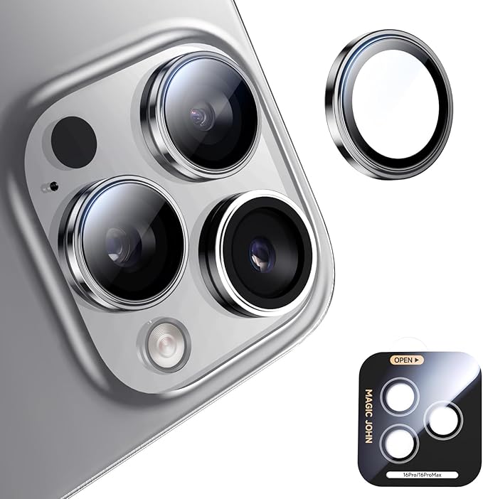 MAGIC JOHN for iPhone 16 Pro Max/16 Pro Camera Lens Protector [Alignment Kit&1:1 Invisible Perfect Fit] 9H Aerospace Tempered Glass Anti-Scratch Durable, Individual Cover Ring, Case Friendly, Set of 2, Silver
