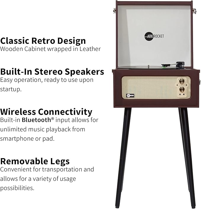 Arkrocket 3-Speed Bluetooth Record Player Retro Turntable with Built-in Speakers and Removable Legs [ Limited Edition ] (Brown)