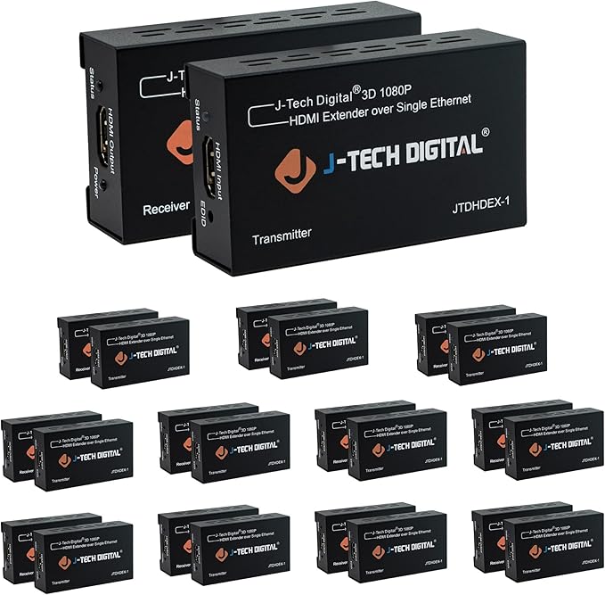 J-Tech Digital HDMI Extender 1080P 60Hz Over Single CAT 5e/6 Up to 200ft. | Deep Color, EDID Copy, Zero Signal Loss | Pack of 12 [JTDHDEX-1]