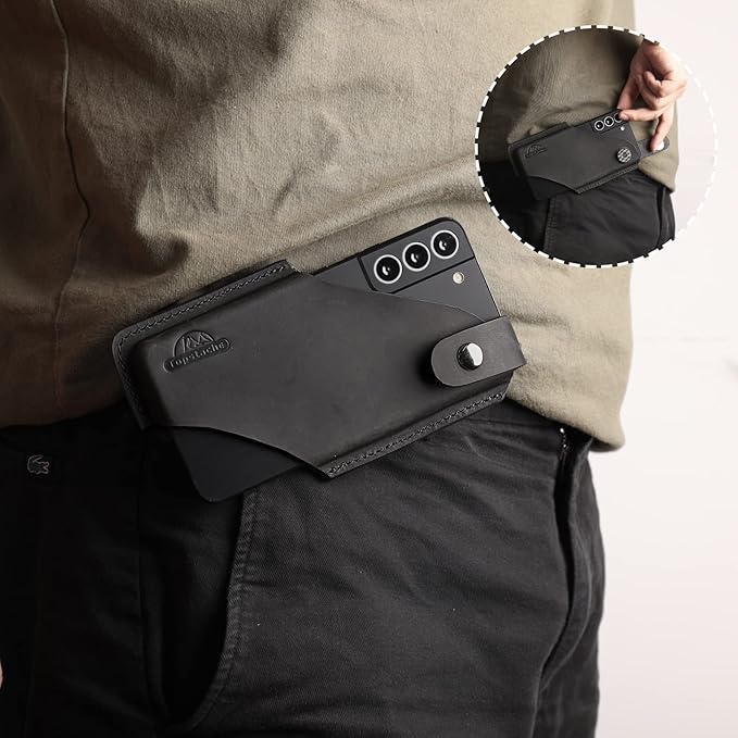 Topstache Leather Phone Holster with Magnetic Closure, Belt Clip Loop Case for iPhone & Samsung, Black, Medium