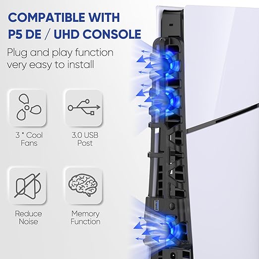 PS5 Slim Cooling Fan with LED Light, Adjustable Speed (3 Speeds Mode), USB 3.0 Port, Silent Enhanced Cooling Fan Compatible with PS5 Slim Disc & Digital -Black