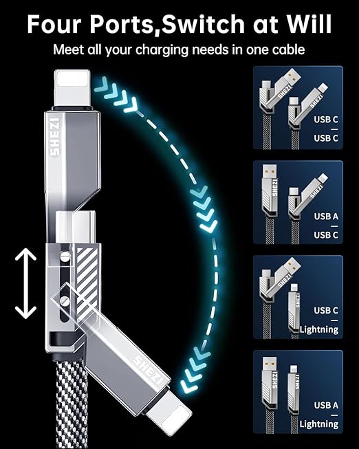 SHEZI [Upgraded 2.0] 4-in-1 USB C Cable 60W 3FT Fast Charging [480Mbps Data Transfer] Flat Nylon Braided Charger Cord Combo, USB A/C to C/L Multi Charge Cable for iPhone/iPad & Most Devices, Grey