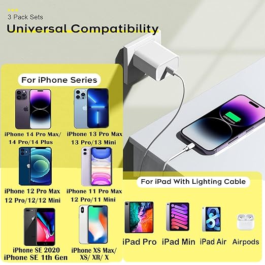 Fast Charger iPhone,i Phone Charge Cable,3Pack iPhone Charger Fast Charging 6Foot Phone Charging USB C Charge Adapter 6FT Type C to Lightning Cable for iPhone 14 Pro Max/14 Plus/13/12 Mini/11/10/XS/SE