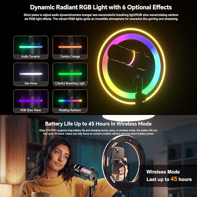 COMICA D10 Pro D Wireless/XLR/USB Dynamic Microphone with Receiver Desktop Stand- Dual Channel Cardioid Mic, 45H Battery, RGB Lights, CalMix Denoise for Gaming/Streaming/PD(PC, PS4/5, Mac,Phone)-Black