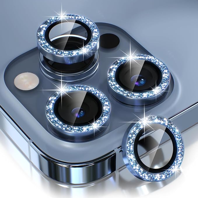 Choiche [3+1 for iPhone 13 Pro/iPhone 13 Pro Max Camera Lens Protector Bling, 9H Tempered Glass Camera Cover Screen Protector Metal Ring Decoration Accessories (Glitter-Sierra Blue)