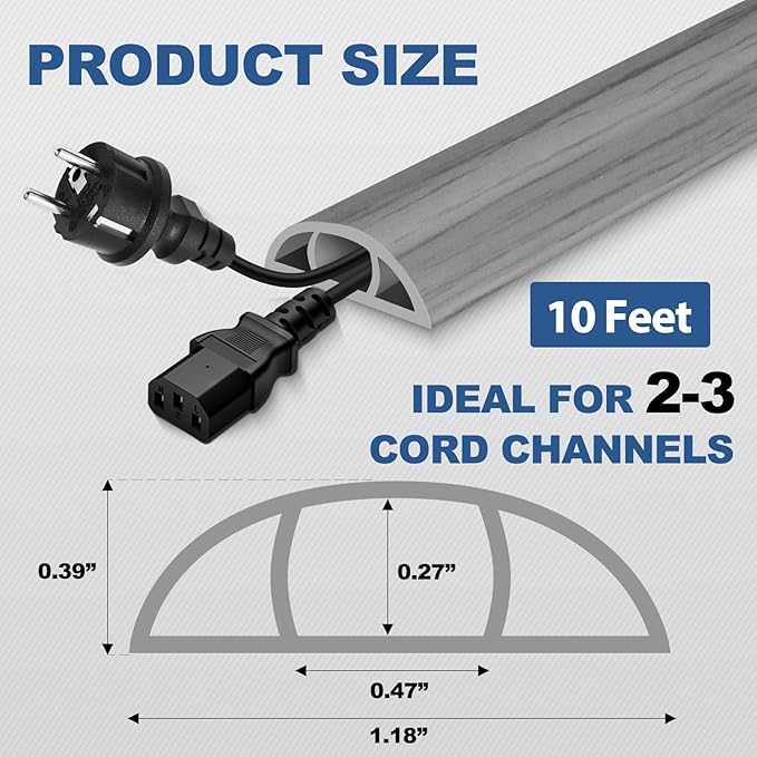 Floor Cord Cover for Wires on Floor Self Adhesive Cord Hider Floor Cable Management Wire Covers for Cords Protector Prevent Cable Trips Cord Cavity W 0.47" x H 0.27", Gray Wood, 10Ft