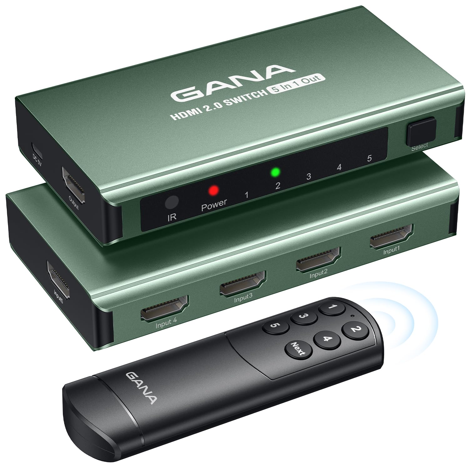 HDMI Switch 5 in 1 Out 4K@60Hz, GANA HDMI Splitter Switcher with Remote, Aluminum HDMI 2.0 Switch Box Hub for 3D, HDCP2.2, HDR, Compatible with Xbox, PS5/4/3,Fire Stick,Roku,Blu-Ray Player, Green
