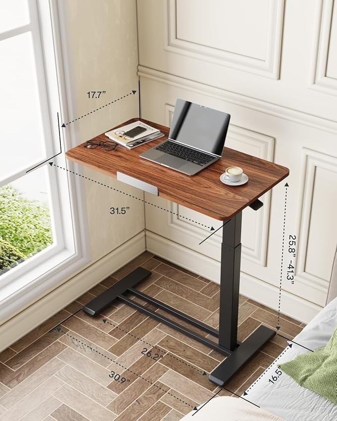 FLEXISPOT H7 PRO Mobile Standing Desk Adjustable Overbed Table Pneumatic with Wheels 90°Tiltable Portable Laptop Desk Rolling Computer Cart Foldable Bedside Table(31.5" W x 17.7" D, Mahogany)