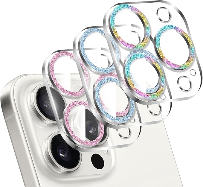 LucBuy 3PCS Sparkling Camera Lens Protector for iPhone 15 Pro/iPhone 15 Pro Max, Full Clear Acrylic Cover with Shiny Colorful Glitter Designed Decoration Back Camera Protector