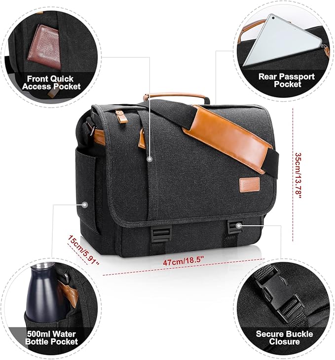 ESTARER Messenger Bag 17-17.3 Inch, Men's Computer Bag Water-resistant Canvas, Teacher Laptop Satchel for Work Office College, Dark Grey