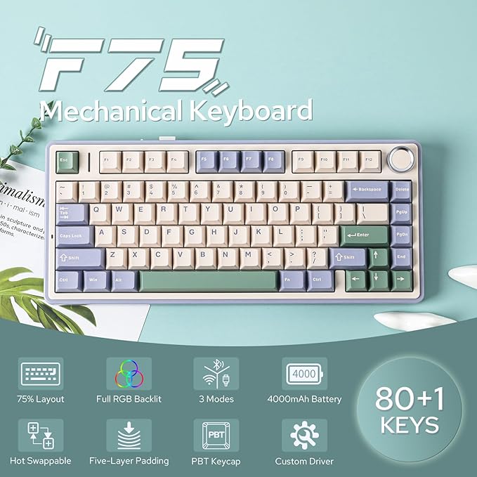 EPOMAKER x Aula F75 Gasket Mechanical Keyboard, 75% Wireless Hot Swappable Gaming Keyboard with Five-Layer Padding&Knob, Bluetooth/2.4GHz/USB-C, RGB (Green, LEOBOG Reaper Switch)