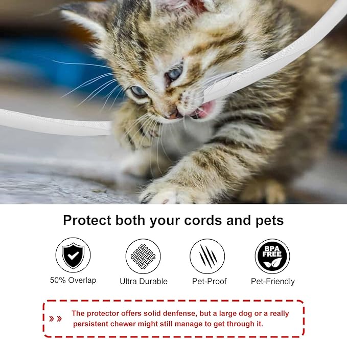 Secbolt Cord Protectors from Pets No Chew, 10ft - 3/8 inch Ultra Durable Cord Covers for Pets, Bite-Resistant Cable and Wire Protector for Cats, Dogs, Rabbits - White