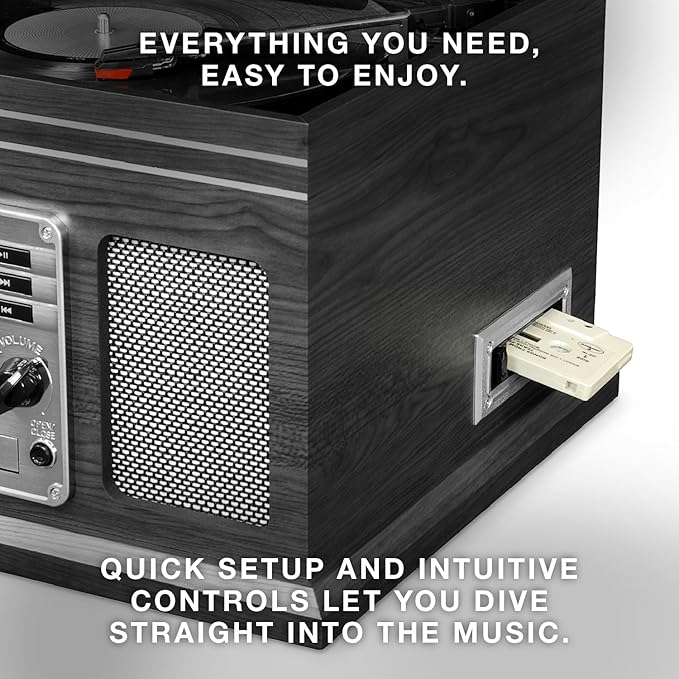 Victrola The Quincy 6-in-1 Bluetooth Record Player & Multimedia Center with Built-in Speakers – 3-Speed Turntable, CD & Cassette Player, AM/FM Radio, Wireless Music Streaming (Farmhouse Shiplap Grey)