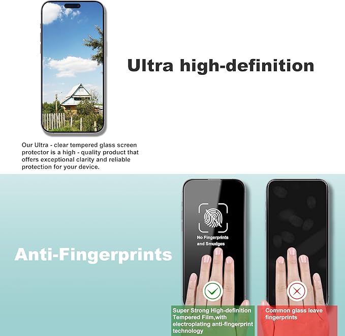 2 Pack Screen Protector Tempered Glass for iPhone 16 for iPhone 15 for iPhone 14 Pro 6.1-Inch Auto Dust Removal, No Bubbles, High Definition Clear, Easy Installation