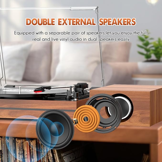 Vinyl Record Player with Speakers Vintage Turntable for Vinyls Records External Speakers Belt-Driven Turn Table Support 3-Speed Wireless Playback Headphone AUX-in LP Phonograph Audio Sound Wood Red