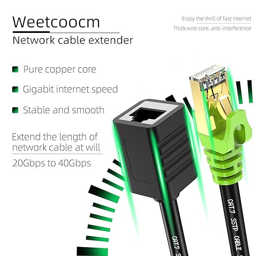 Ethernet Extension Cable 50ft, Network Cat6a Extension Patch Cable RJ45 Cords Shielded Male to Female Connector (50FT)