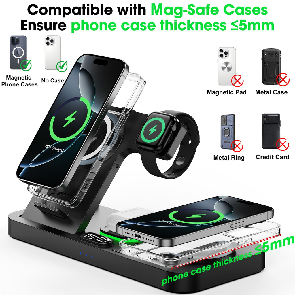 Dual Phone Wireless Charging Station for Apple Devices, Magnetic Charging Station for iPhone with Auto Switch 7-Color Light&Clock, Family Watch Charger for iPhone17 for iWatch11 for AirPods Pro3(Black