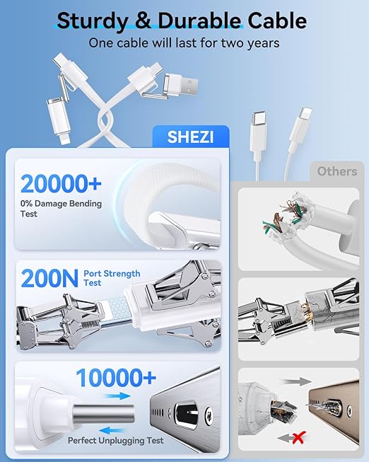 SHEZI 4-in-1 USB C Cable Compatible with Lightning Cable 240W Fast Charging & Data Transfer, Support to CarPlay & Android Auto, 5FT Multi Cords Charger for iPhone/iPad/Samsung/MacBook, White