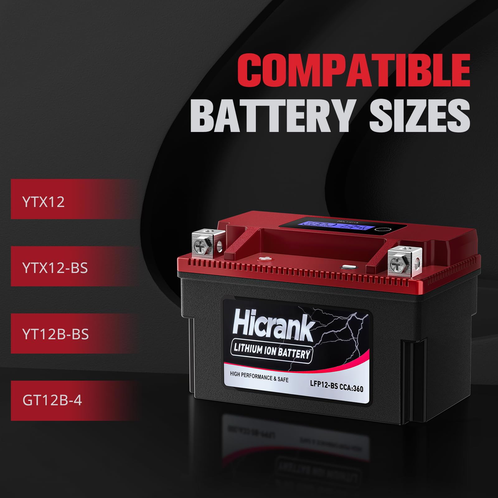 Hicrank YTX12-BS 12V 6Ah,360CCA LiFePO4 Lithium Motorcycle Battery,Powersports Battery for Honda KTM Yamaha Harley Fit ATV, UTV, Motocross, Lawn Mower, Jet Ski, Polaris