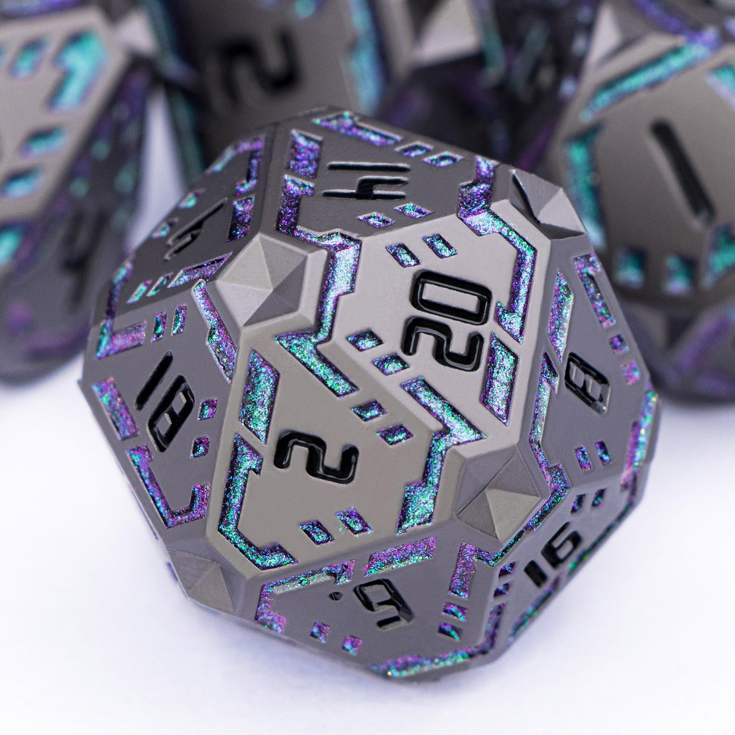 OGCOPHEN Metal DND Sci-fi Dice Set 7PCS Stripe Polyhedral Dice for Dungeons Dragons RPG Role Playing Game, Glitter D and D Dice with Gift Box D6 D8 D10 D12 D20 (Black&Green Purple)