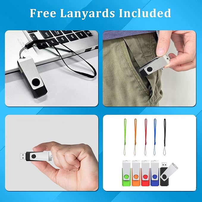 1GB Flash Drive 20 Pack, Wooolken USB 2.0 Thumb Drives Memory Stick with LED Light and Lanyards for Storage and Backup (Mixed Colors: Black Red Blue Orange Green)