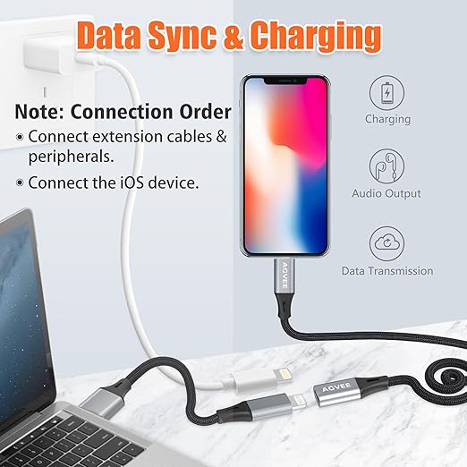 AGVEE 2 Pack 3.3ft Lightning Extension Cable, Braided Female to Male Extender Full Function Cord Compatible with iPhone iPad, Data Sync Video Audio & Charging Charger Connector Adapter, Dark Gray