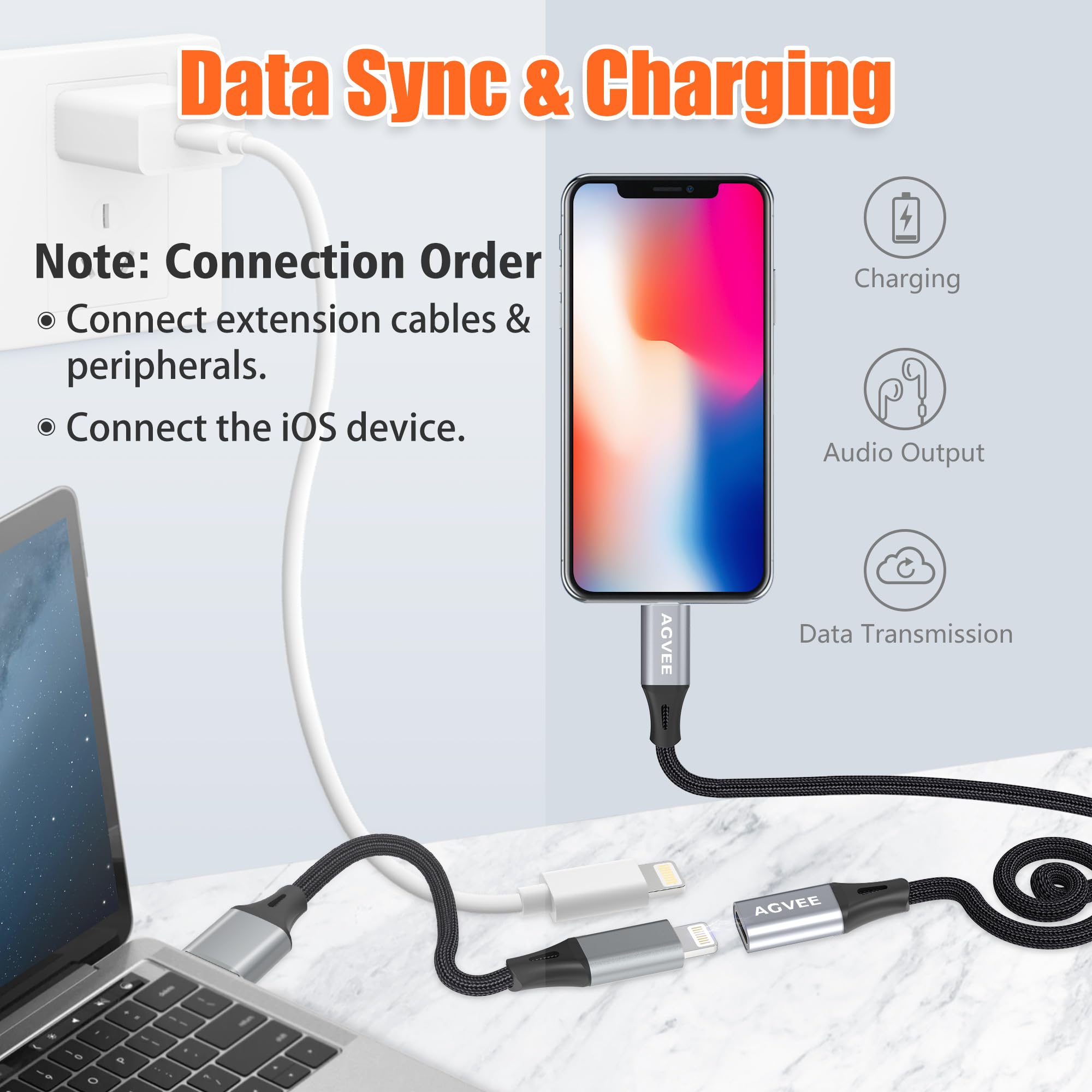 AGVEE 4 inch Lightning Extension Cable