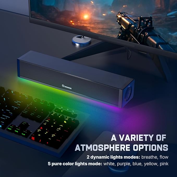 Wohome 2.1 Computer Speakers for Desktop PC, Bluetooth 5.3 PC Sound Bar with 7 RGB Light Modes, DC Powered Laptop Gaming Speakers with 3.5mm AUX-in/USB Connected for Projector, Tablet