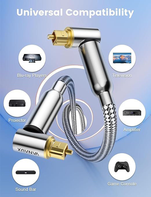 VANAUX 90-Degree Optical Audio Cable 15FT,90 Degree to 90 Degree Fiber Optic Toslink Cable(24K Gold-Plated Connectors,Braided Jacket) Ideal for Tight Spaces,Home Theater,Soundbars,Gaming Consoles