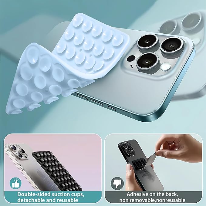 Silicone Double-Sided Suction Phone Grip Detachable Mount - Car Dashboard/Shower Phone Holder, Hands-Free For Selfies & Videos, ASMR- iphone & Android Compatible (Large, White+Colorful Stripes)