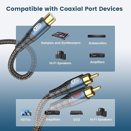 EMK RCA Splitter 2 Male to Female Extension Cable Dual Shielding Gold Plated Nylon Braided RCA Splitter 1 Female to 2 Male Cord Adapter 1ft/30CM