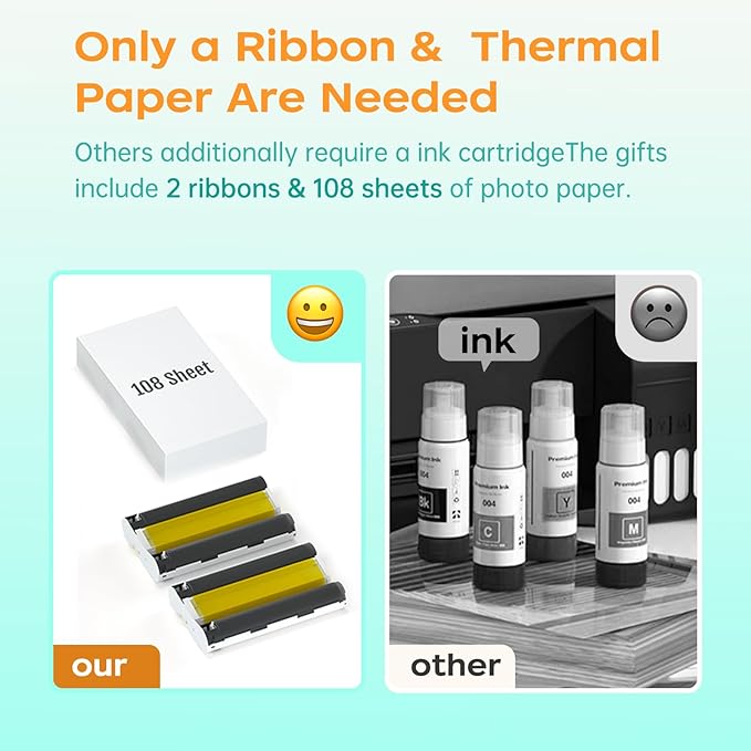 4x6 Photo Printer with 108 Sheets & 2 Color Ribbons - Dye Sublimation Wireless Portable Photo Printer for iPhone & Android Smartphones, Home & Travel Picture Printing, Ideal Gift, White