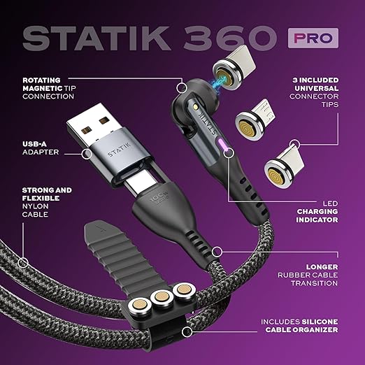 Statik 360 Pro Magnetic Charging Cable - Type C Charger Fast Charging 3 in 1 USB C to USB C Cable, Micro USB & iProduct Tips, USB A Adapter, Fits All Devices - 100W Fast Charger, Black 3FT/1M