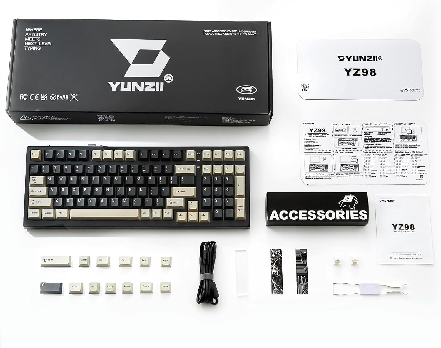 YUNZII YZ98 Gasket Mechanical Keyboard,99 Key Hot Swappable BT5.0/2.4G/USB-C Wireless NKRO 98% 1800 Layout with RGB LED Backlit for Linux/Win/Mac(Black, Cocoa Cream V2 Switch)