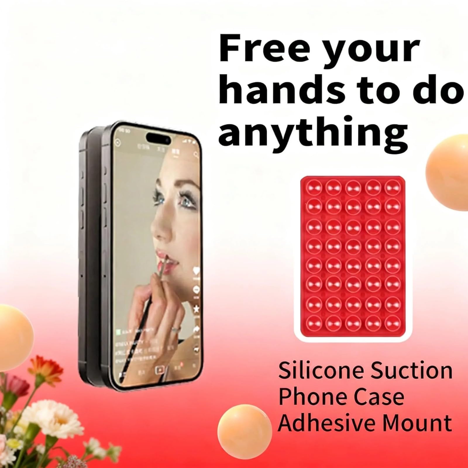 Suction Phone Mount Double Sided Octo Buddy for MagSafe Case, Silicone Sticky Grip Secure Holder for iPhone, Hands-Free Taking Photo/Recording Video/Live Streaming for Instagram Influencer（red）