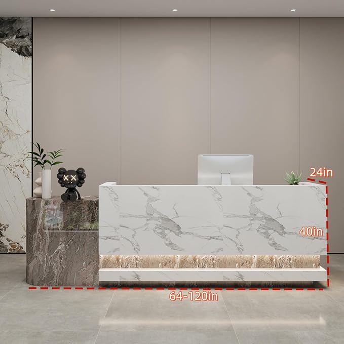 Front Desk Reception Counter - Lockable Storage & Keyboard Tray | Reception Desk with Counter, Customizable Large Counter Table (Grey+White, 112'')