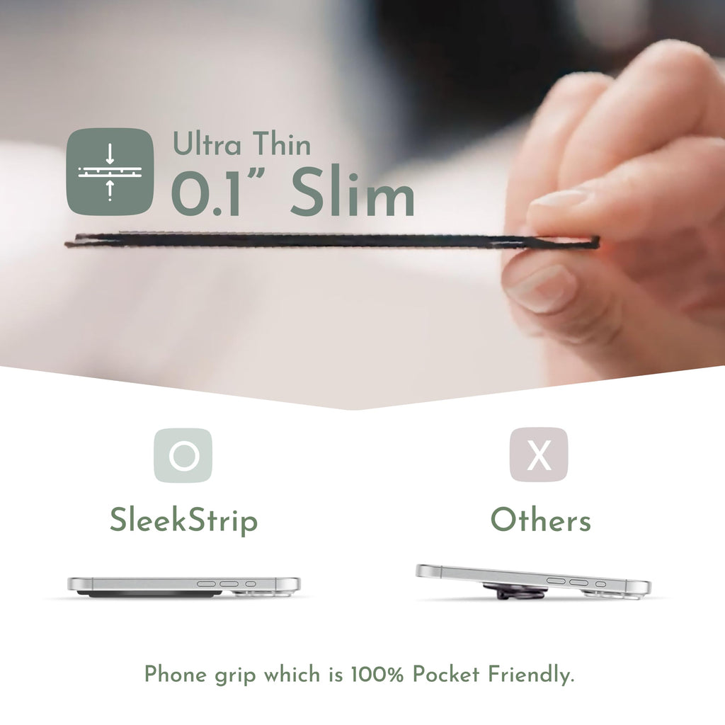 SleekStrip SleekGrip-Essential Ultra Thin Phone Grip Stand,Slim Metal Finger Loop Ring Hand Holder Strap Cell Phone Grips for iPhone 16 Pro Max,17 Air,Android,Case Back - Black x Jet Black