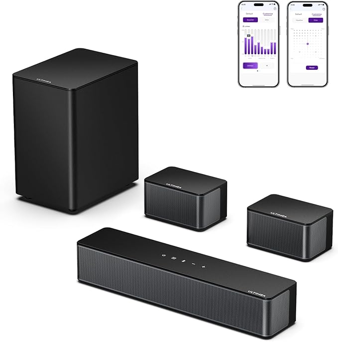 ULTIMEA 5.1 Sound Bar for Smart TV, Virtual Surround Sound System for TV, 320W Peak Power, Adjustable Surround Speakers and Subwoofer, APP Control, Home Theater Soundbar Poseidon D50(2025 New Model)