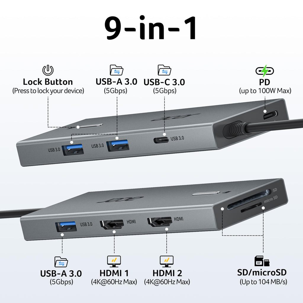 Acer USB-C Docking Station Dual Monitor, 9-in-1 Laptop Dock with 2 HDMI